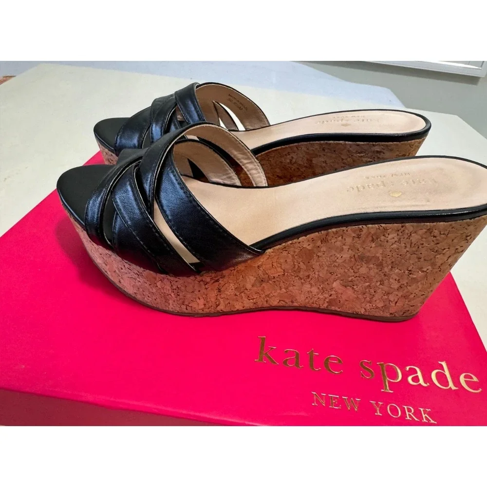 Kate Spade 6.5 Black Wedge Espadrilles Cork Leather Slide Mule Sandal Talcott